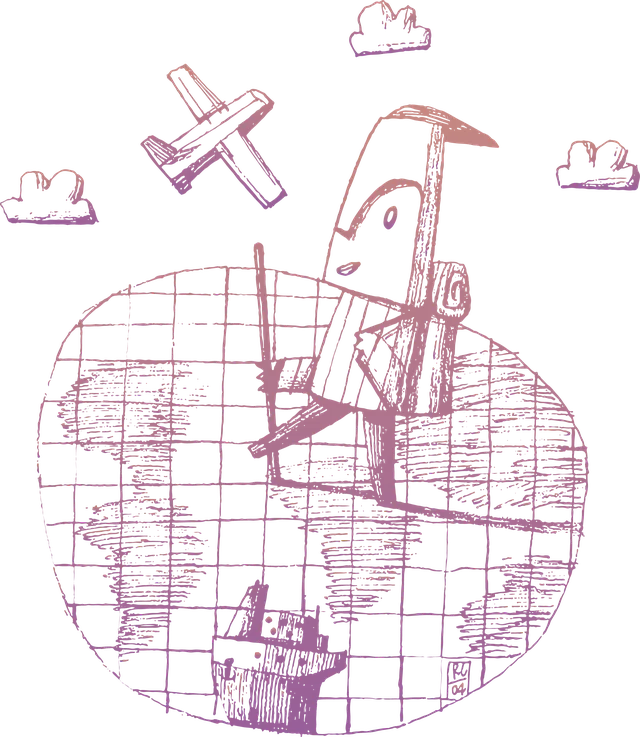 Illustration: a figure standing on a globe, with a paper plane flying by